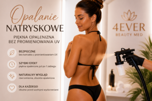 Kobieta po zabiegu opalania natryskowego z naturalną, złocistą opalenizną w salonie 4Ever Beauty Med.