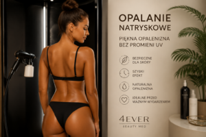 Kobieta po zabiegu opalania natryskowego z naturalną, złocistą opalenizną w salonie 4Ever Beauty Med.