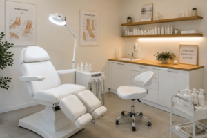 Gabinet podologiczny 4Ever Beauty Med wyposażony w nowoczesny fotel zabiegowy i specjalistyczny sprzęt.